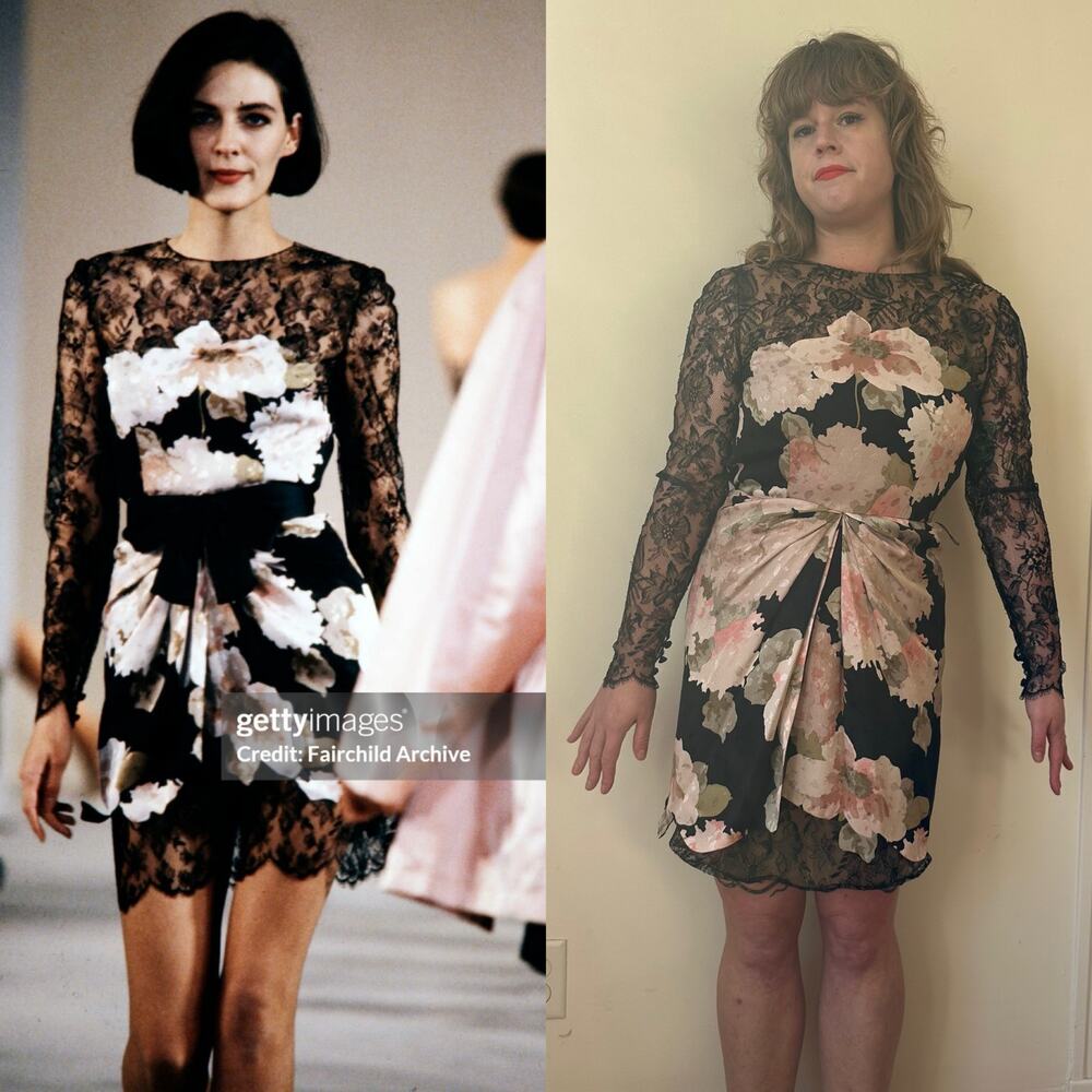 1991 vintage Bill Blass runway floral and lace cocktail dress designer 1990s 90s